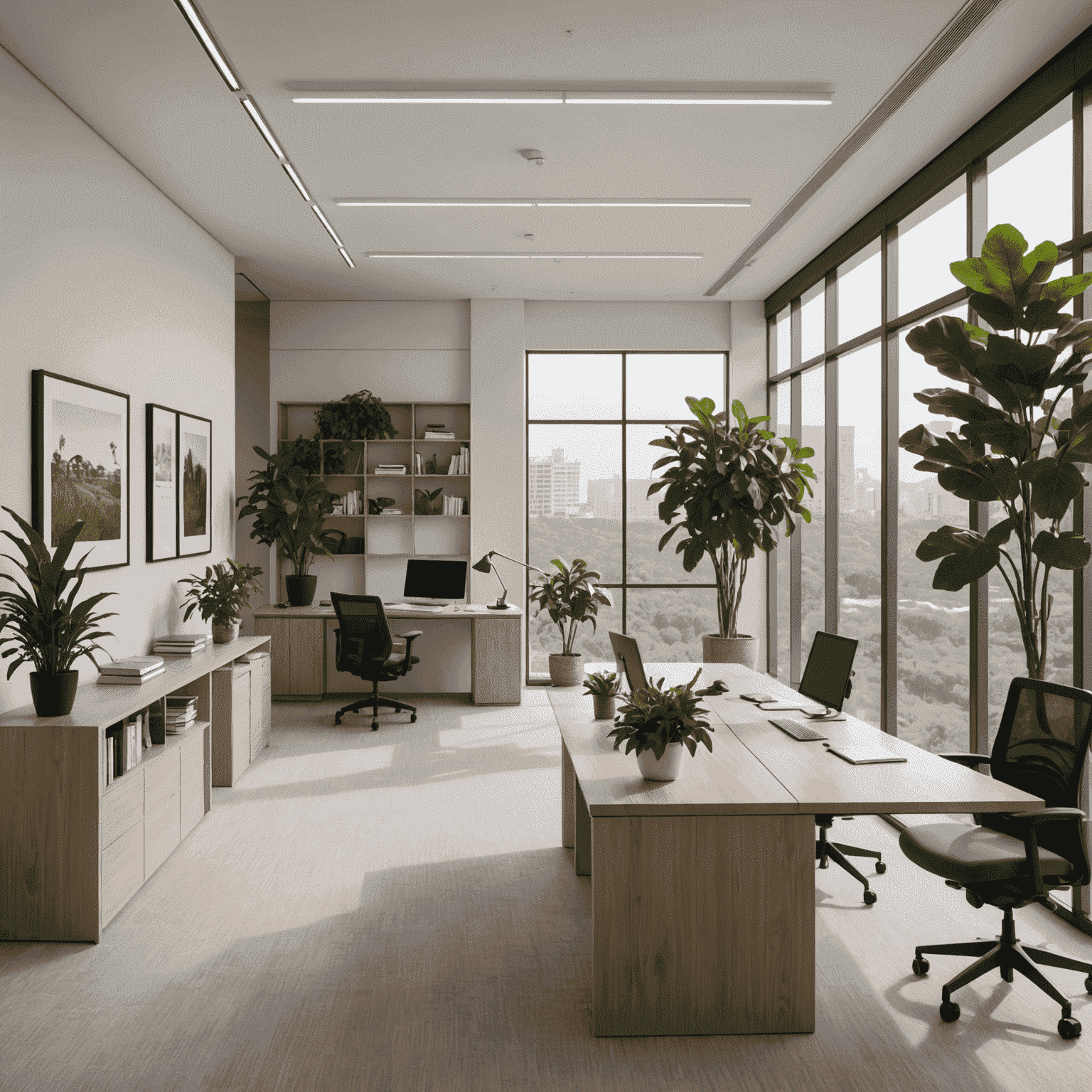 Imagem do escritório do growfuture em Brasília, mostrando um espaço moderno e minimalista com grandes janelas que permitem a entrada de luz natural. A decoração inclui plantas e obras de arte que refletem a filosofia da Finesse Serendipidade.