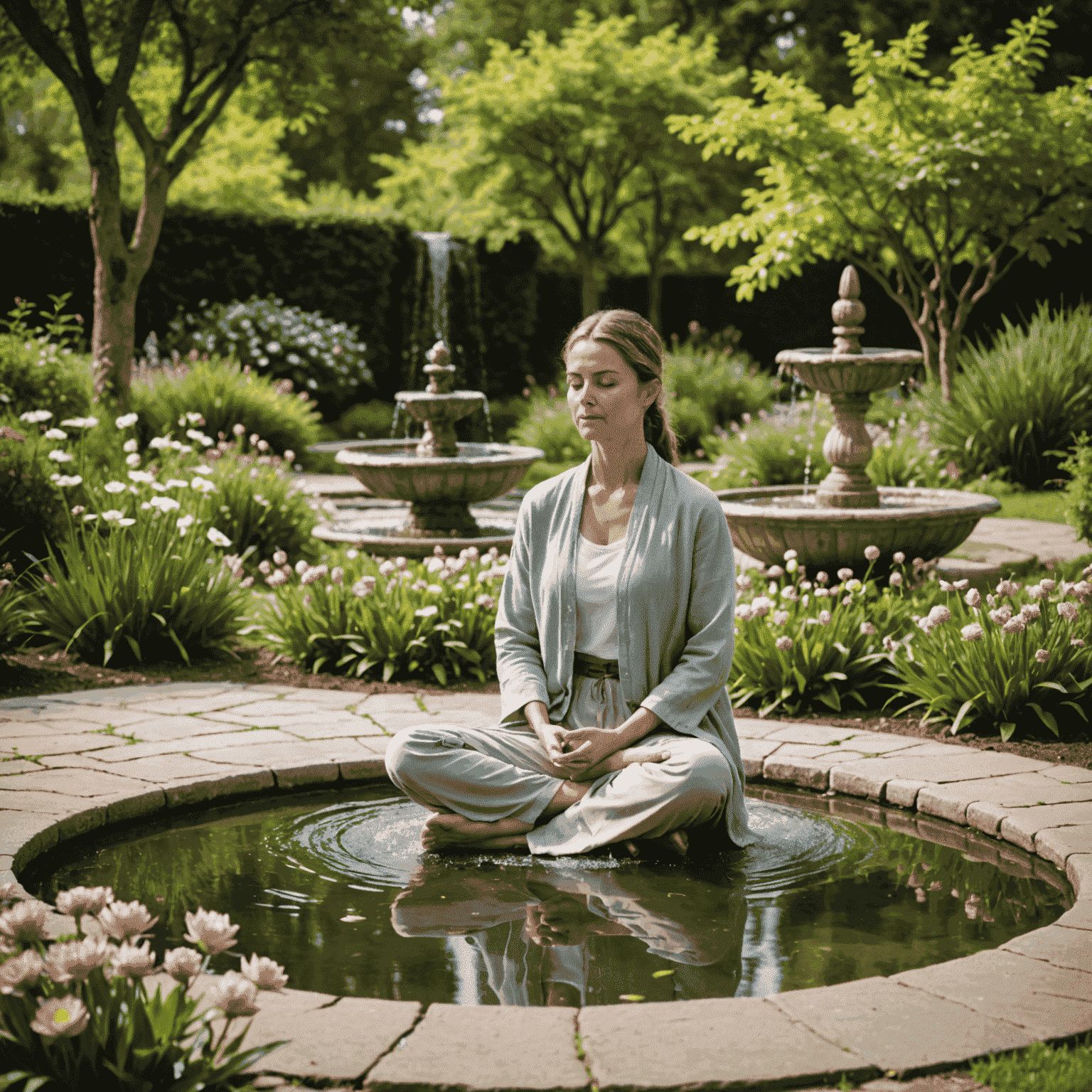 Uma imagem representando a arte de viver com graça, mostrando uma pessoa meditando em um jardim sereno com flores e uma fonte de água.