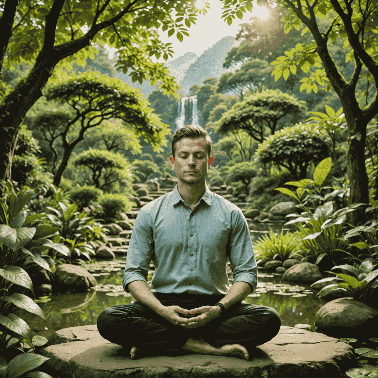 Uma pessoa meditando em um jardim tranquilo, rodeada por natureza exuberante, simbolizando a busca pela harmonia interior