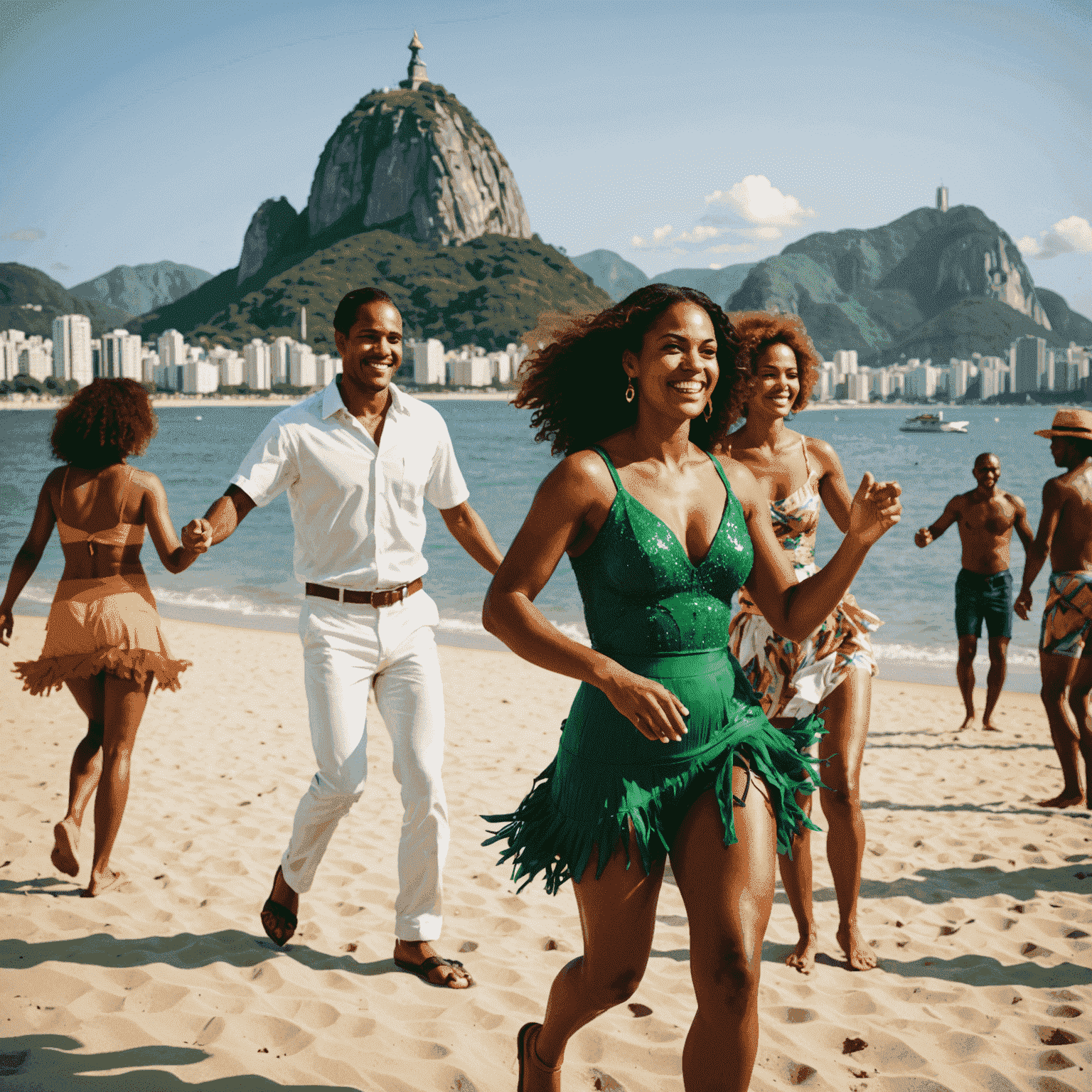 Pessoas sorridentes dançando samba em uma praia do Rio de Janeiro, com o Pão de Açúcar ao fundo