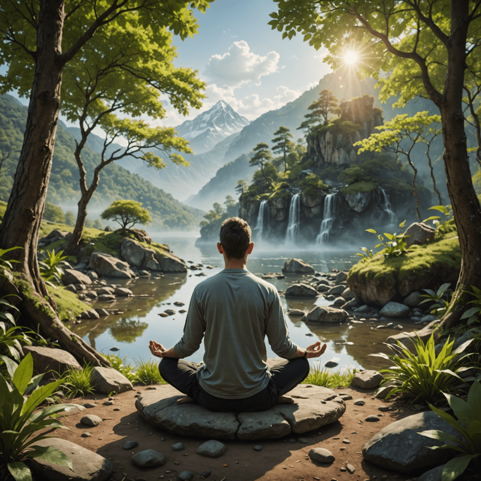 Uma imagem ilustrando o conceito de atenção plena e serendipidade, mostrando uma pessoa meditando em um ambiente natural com elementos inesperados ao redor