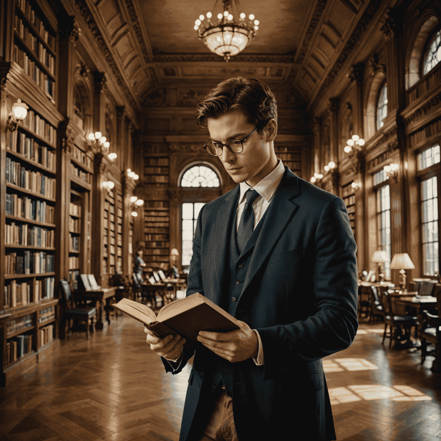 Uma pessoa lendo um livro em uma biblioteca elegante, simbolizando o aprendizado contínuo