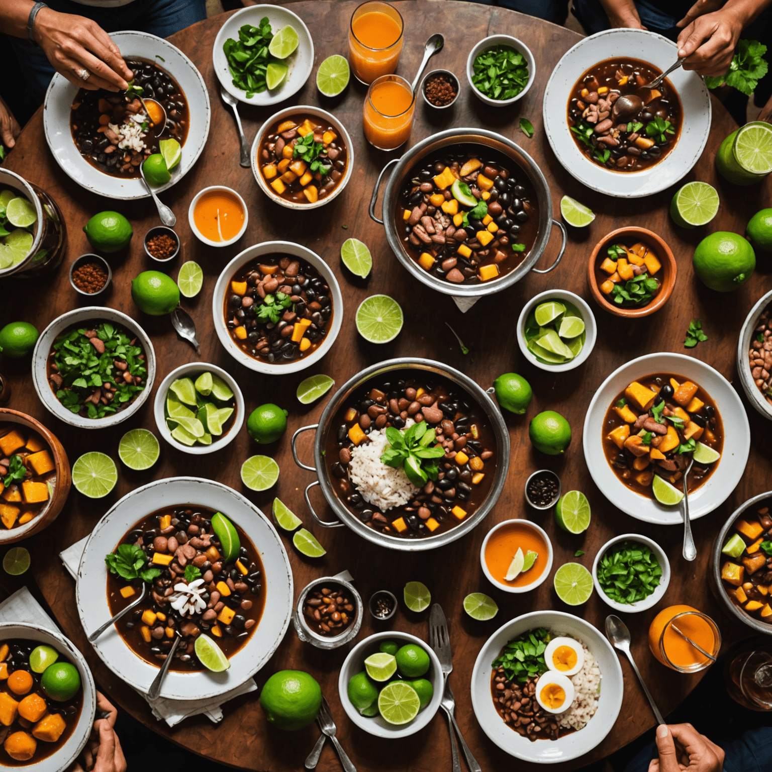 Mesa farta com feijoada, caipirinha e amigos reunidos em um almoço de domingo