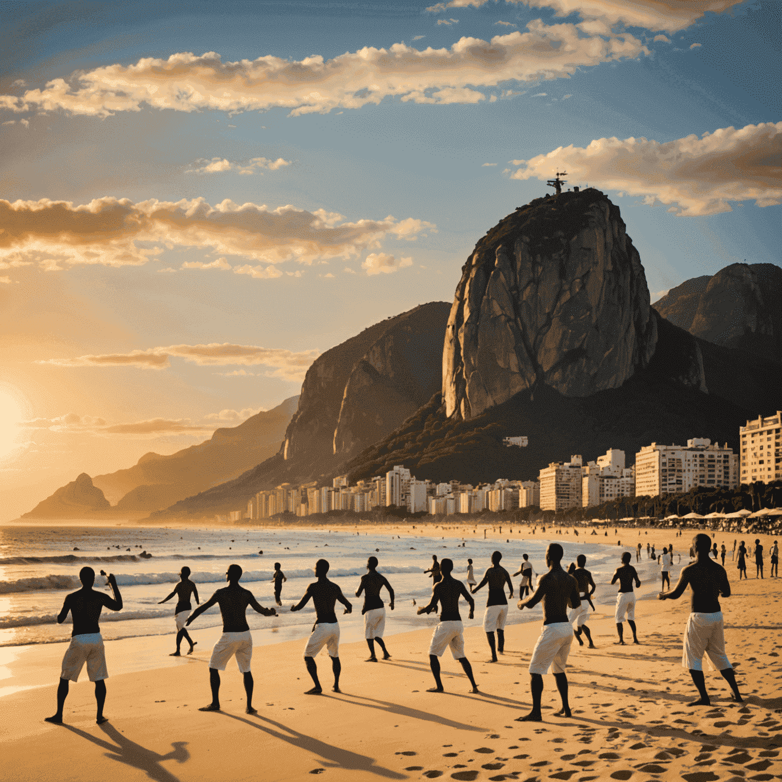 Pôr do sol na praia de Ipanema com pessoas praticando capoeira