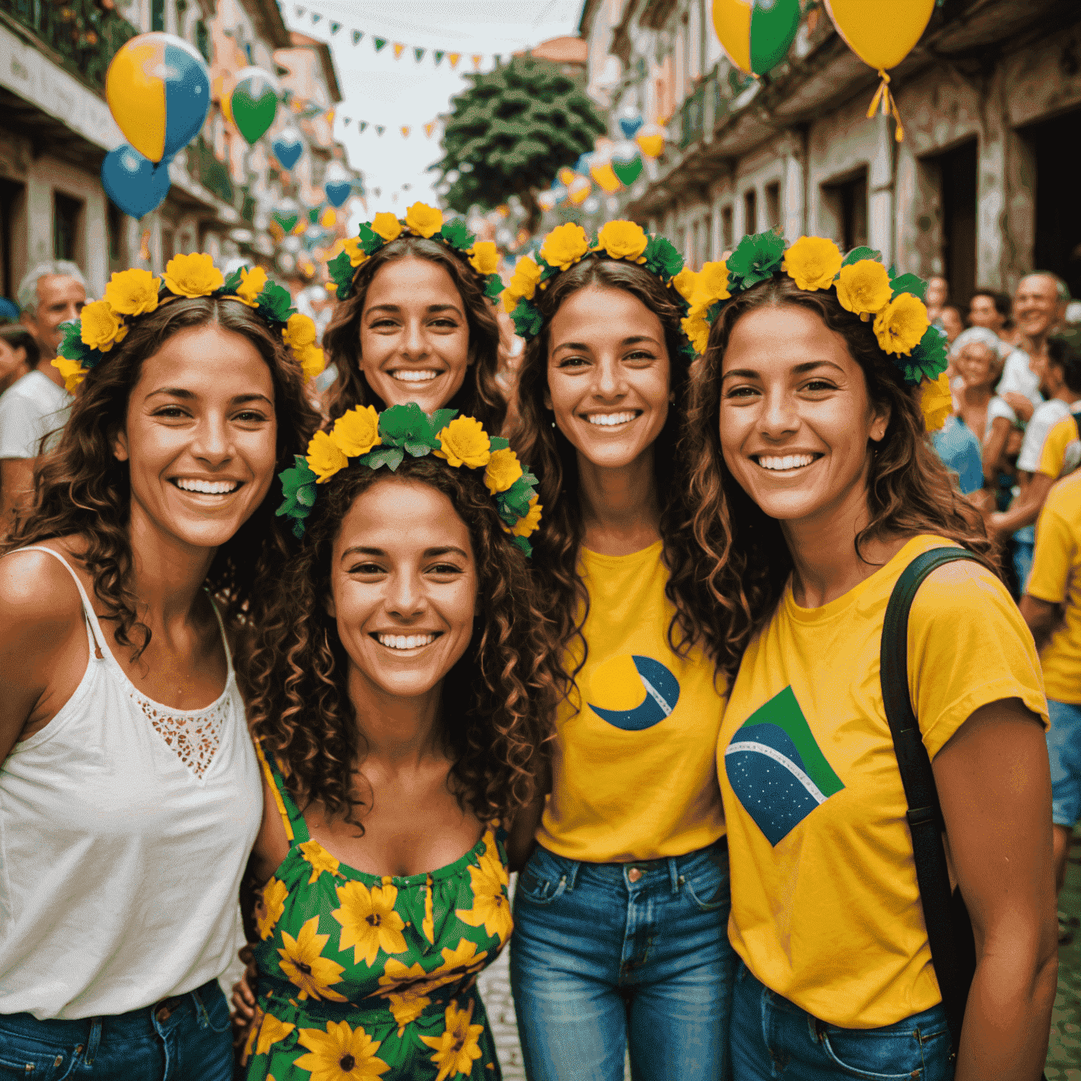 Uma imagem representando a alegria de viver brasileira, mostrando pessoas sorridentes em um ambiente colorido e festivo típico do Brasil